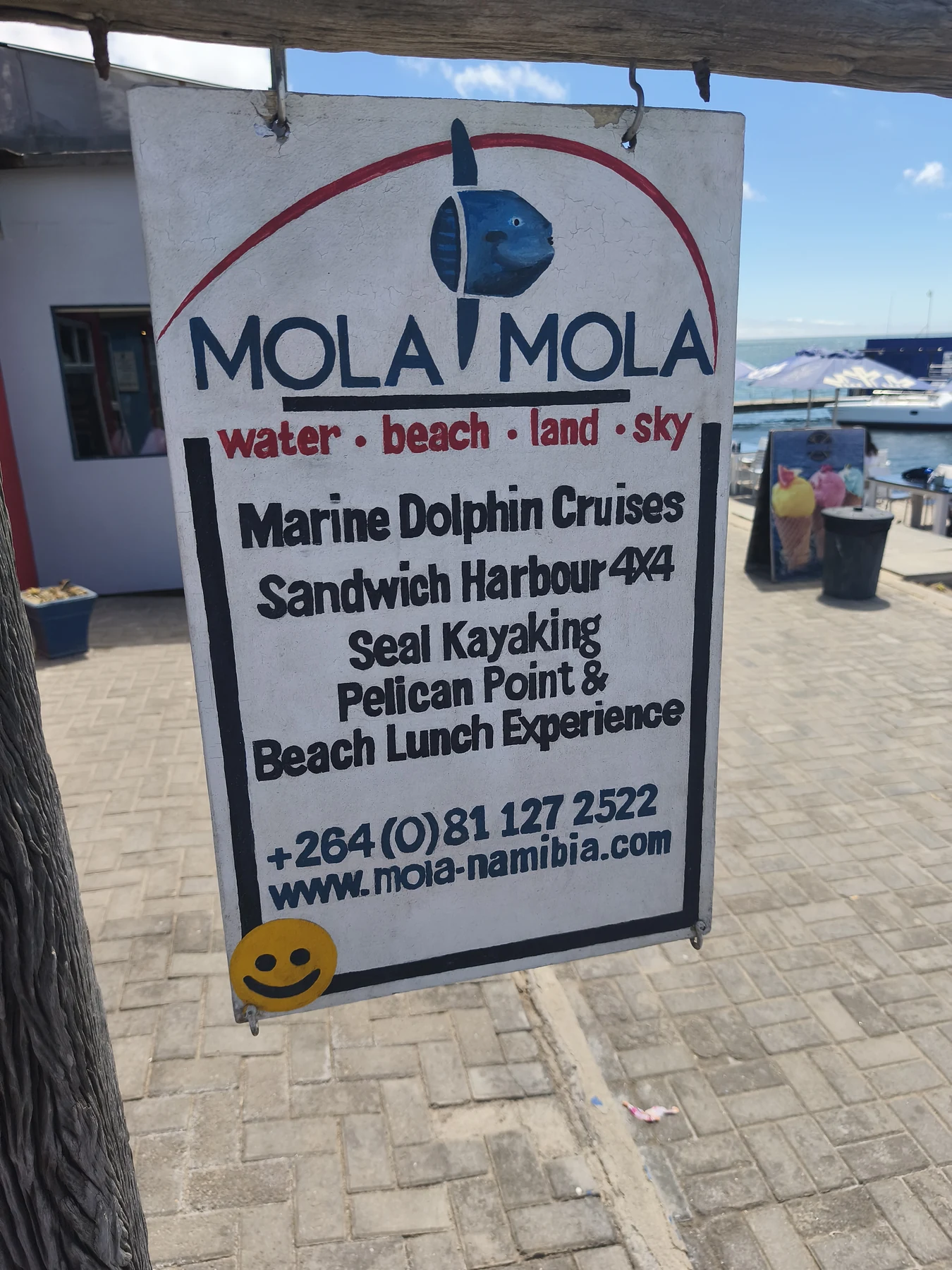 Mola Mola marine cruise signage at Walvis Bay Waterfront